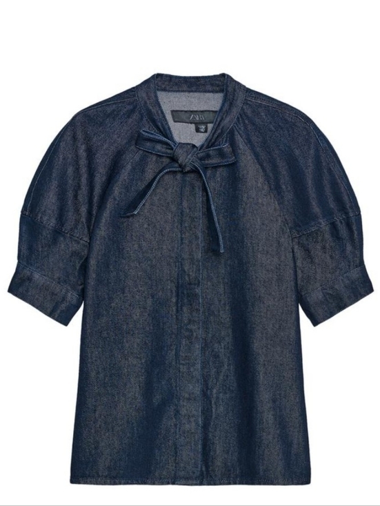Zara Tops - NWT Zara Denim Tie-Neck Short Sleeve Top In Dark Blue - S